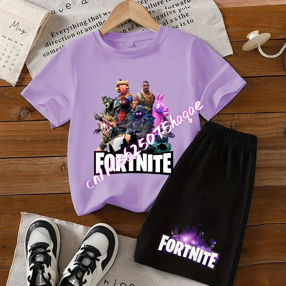 Summer T-shirts 2 pieces Fortnite children's cotton short-sleeved set with cartoon prints, boys' sports shirt, casual top, gift