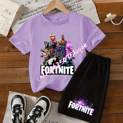 Summer T-shirts 2 pieces Fortnite children's cotton short-sleeved set with cartoon prints, boys' sports shirt, casual top, gift