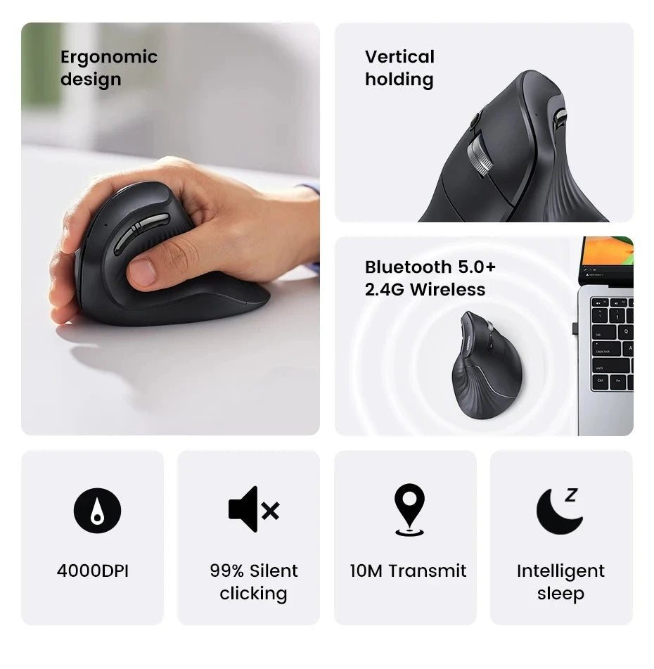 Langaton Bluetooth 5.0 2.4G -hiiri, ergonominen, 4000DPI, 6 hiljaista painiketta, MacBookille, tableteille, kannettaville tietokoneille ja PC:lle