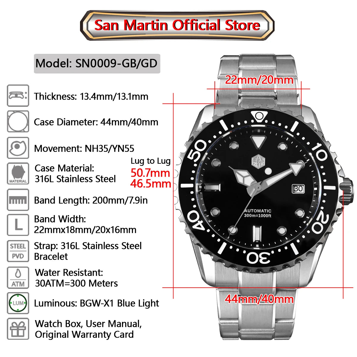 San Martin New 40-44mm Luxury Men's Diver Watch Classic High Quality NH35 YN55 Automatic Mechanical Sapphire BGW-X1 20Bar SN0009
