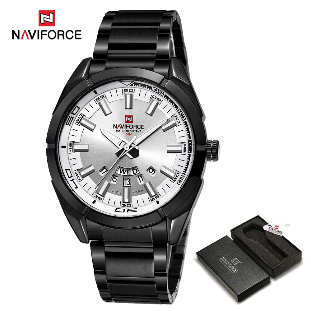 Relógio de pulso para homem NAVIFORCE, inteiramente em aço, estanque, estilo descontraído, movimento de quartzo com indicação da data – Relógio de pulso de luxo para homem, de uma marca de renome.