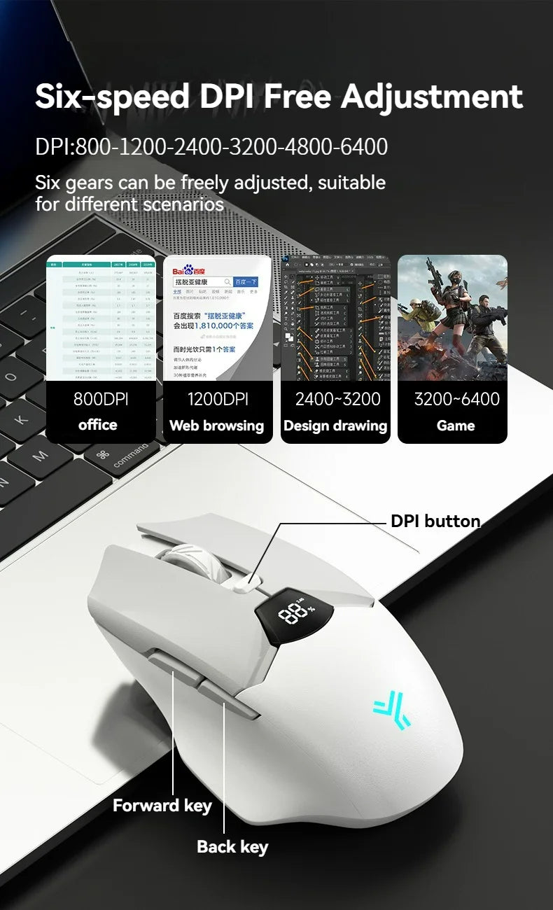 2.4G Bluetooth vezeték nélküli egér kijelzővel, 600mAh nagy kapacitású akkumulátorral, halk gombokkal játékhoz és irodai használatra