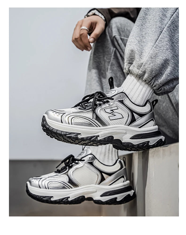 Unisex Trendy Chunky Dad Sneakers Silver Black Retro Couple Breathable Mesh Casual Platform Shoes