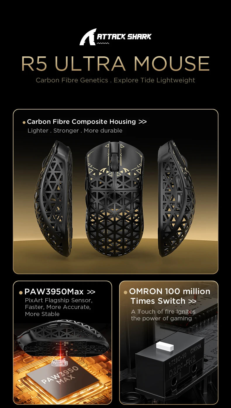 ATTACK SHARK R5 Ultra Carbon Fiber trådløs gamingmus, PixArt PAW3950MAX gamingsensor, 42000DPI, 8000Hz, MCU Nordic 52840