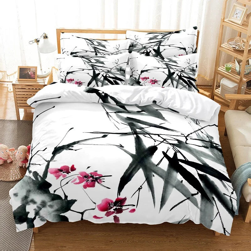 Bamboo Painting Duvet Cover Set Chinese Style Bedding Set Youth Linen Queen Size Bed Comforter Cover Set Fashion Bedding Set