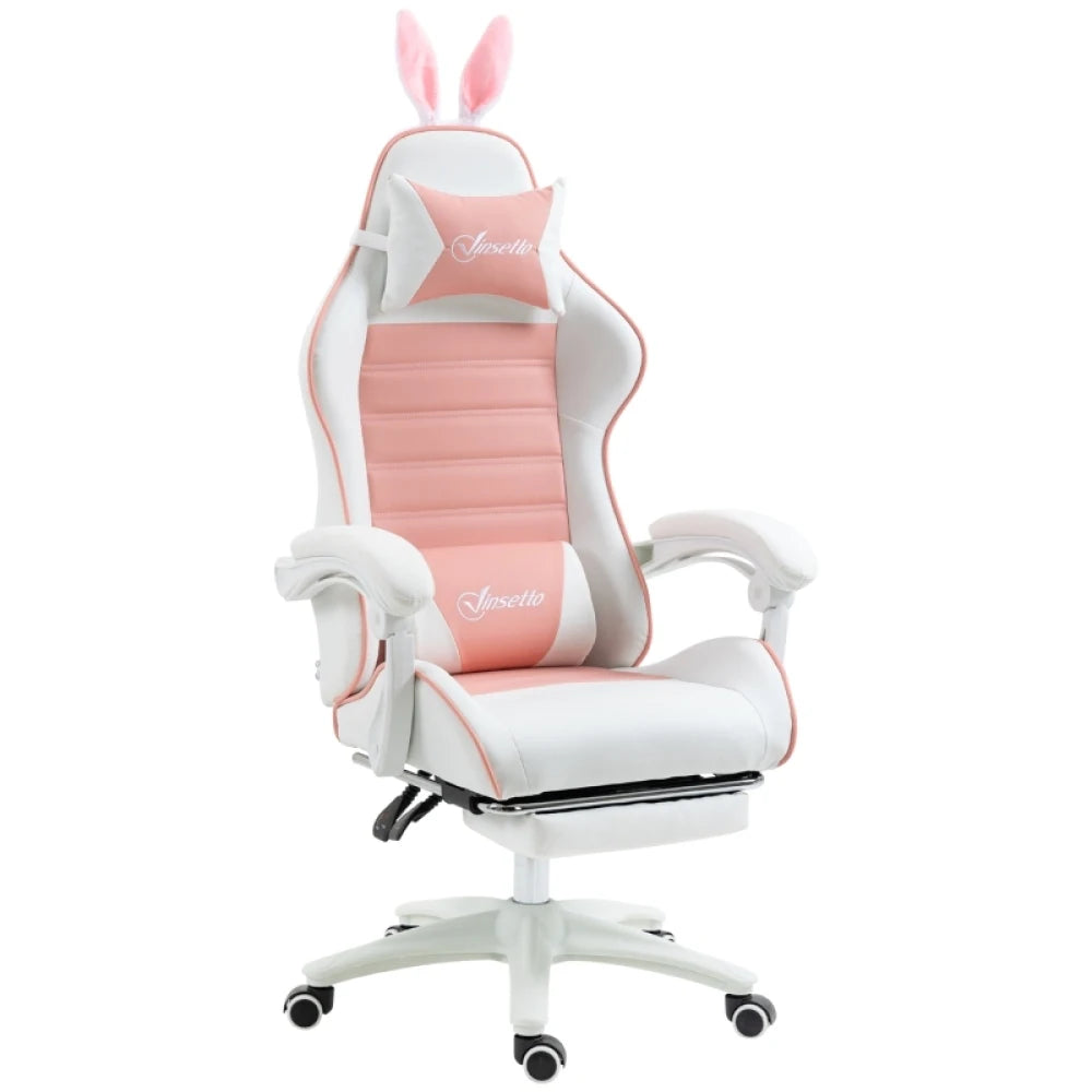 Ergonomic Gaming Chair, Reclinable Gamer Chair 135°, Footrest, Lumbar Cushion and Headrest, Adjustable Height, Pink