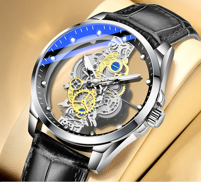 Relógio de moda para homem, modelo com abertura dupla, estilo luxuoso dourado, imitação de turbilhão mecânico, movimento de quartzo.
