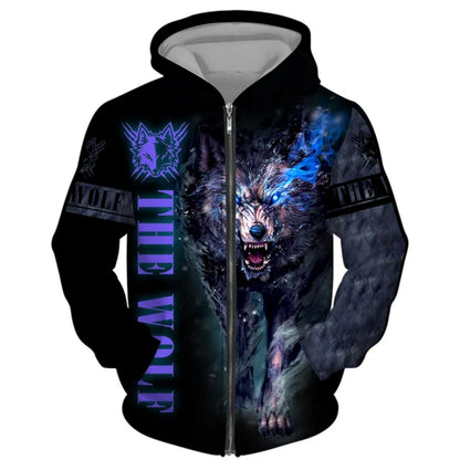 3D Wolf Print Men's Zipper Hoodies Fashion Animal Pattern Top Coat Street Punk Style Oversized Sweatshirts Outdoor Leisure Jackets