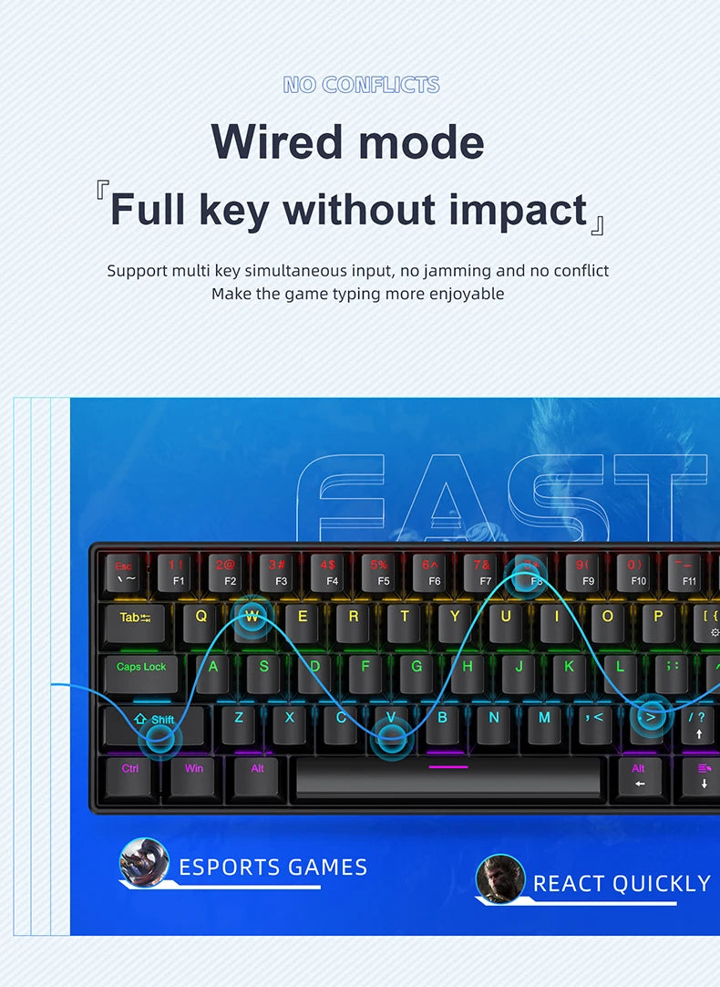 Teclado mecánico mini APAYADO K61, con cable, 61 teclas, Phantom RGB, negro/blanco, interruptor mecánico rojo/azul para gaming, portátil 60%