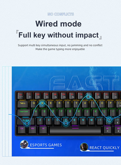Teclado mecánico mini APAYADO K61, con cable, 61 teclas, Phantom RGB, negro/blanco, interruptor mecánico rojo/azul para gaming, portátil 60%