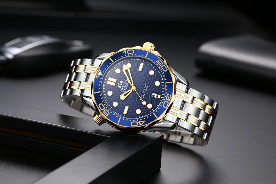 Automatic Mens Watch Mechanical Self Wind Movement Stainless Steel Casual Yellow Gold Silver Blue Master Wave Fashion Watches