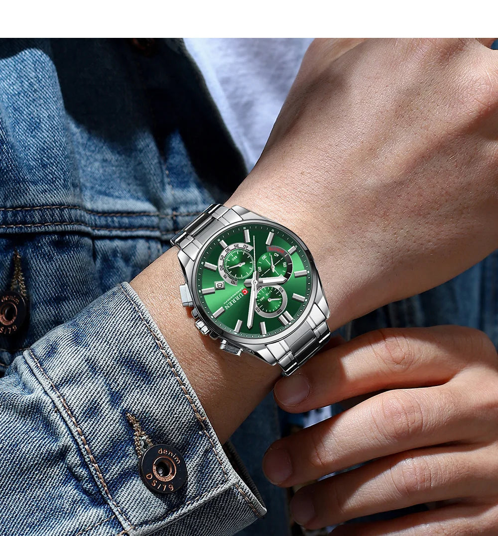 CURREN Men's Stainless Steel Chronograph Watches with Luminous Hands,Triple Sub-Dials Auto Date Fashion Design Quartz Wristwatch