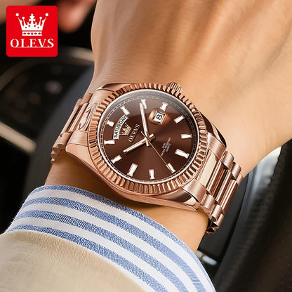 OLEVS Men's Watch Top Brand Luxury Wrist Watch For Men Fashion Rose Gold Stainless Steel Waterproof Watch Day Date Quartz Clock