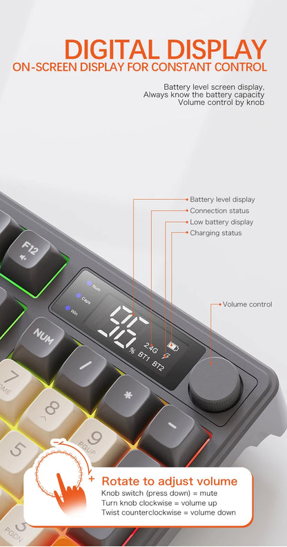 M96 Bluetooth-Tastatur Kabellose FREEWOLF Bildschirm-Gaming-Tastatur, elektronischer Bildschirm, Multi-Device-Verbindung, ergonomisches Gaming