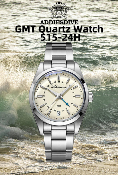 ADDIESDIVE 36mm Men's Analog Watch GMT 515-24H Watch BGW9 Luminous 100m Waterproof Stainless Steel Men's Quartz Watches AD2065