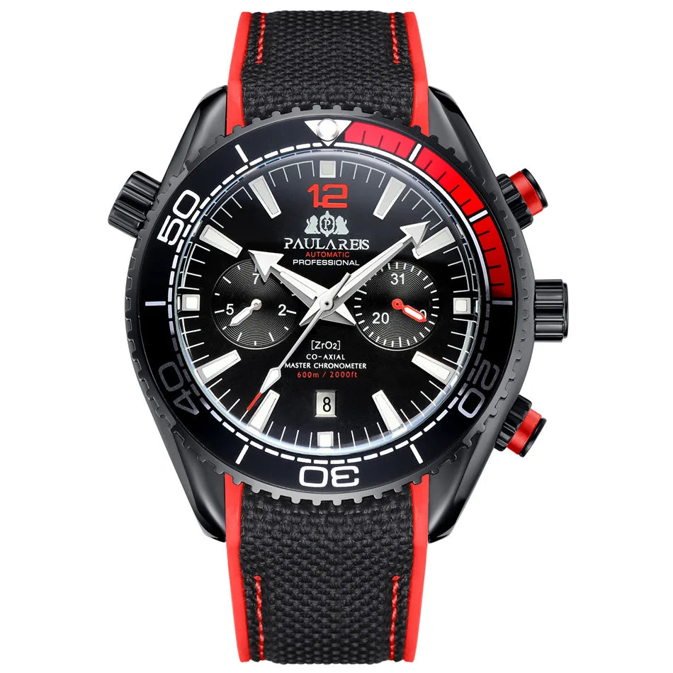 PAULAREIS P Relógio mecânico automático de luxo para homem com corda automática, bracelete em borracha, impermeável, luminoso, com data, relógio de moda masculino