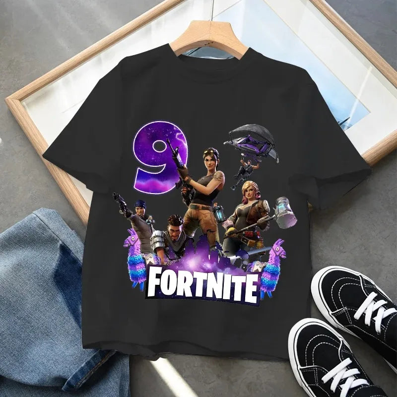 Dziecięca koszulka urodzinowa Fortnites z numerem dla dziewczynek i chłopców, letnia bawełniana koszulka dla niemowląt, imprezowy top z krótkim rękawem, prezent dla malucha