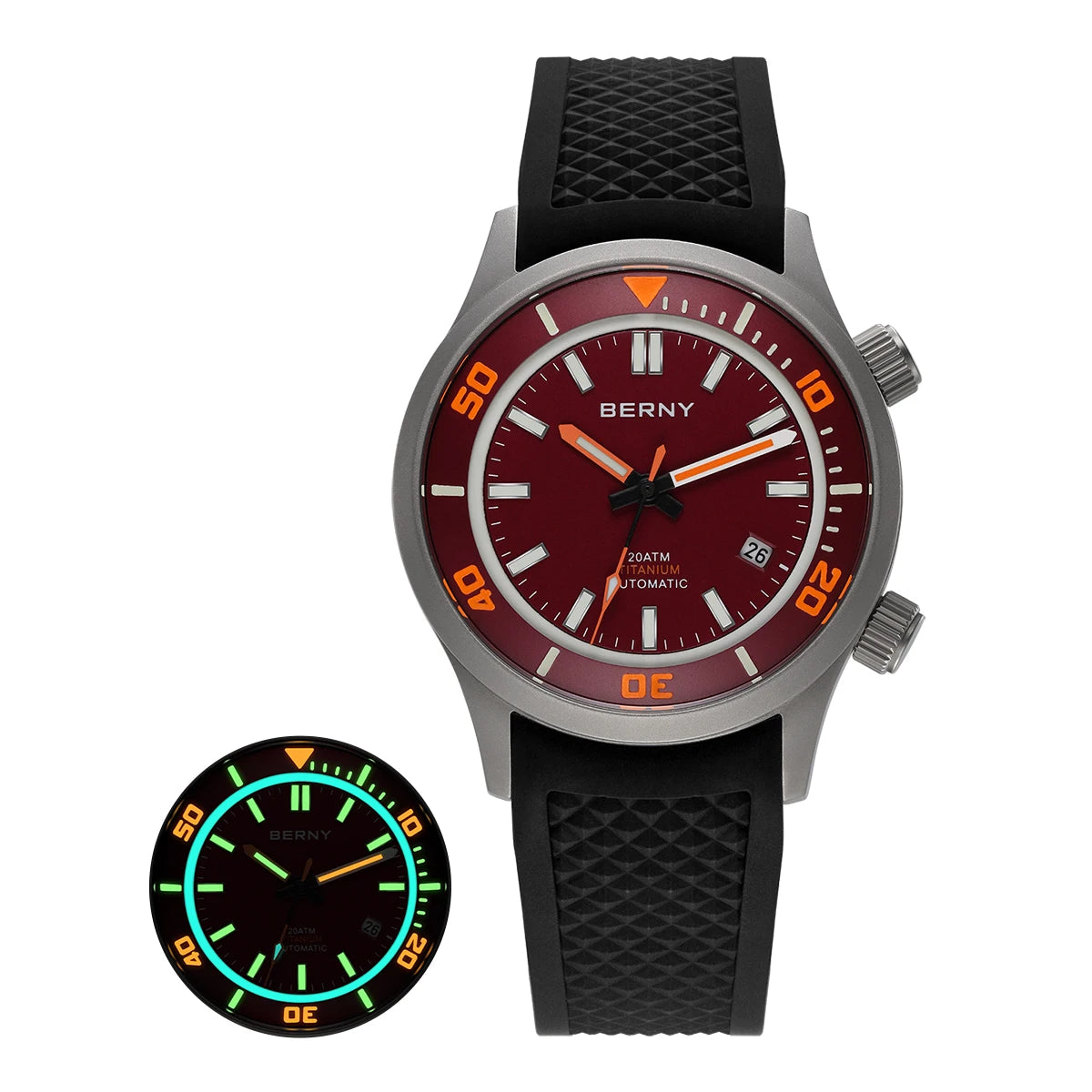BERNY Automatic Full Titanium Diver Watch For Men Supper Luminous Sappire AR Coated Miyota 8215 Dual Crown Mechanical Dive Watch
