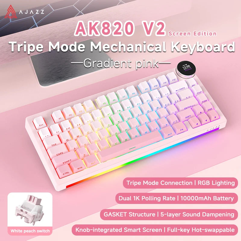 AJAZZ AK820 V2 / AK820 V2 Pro Gaming Mechanical Keyboard 75% ABS 82 Keys 10000mAh Wireless Tri-mode Gamer Keyboard for Laptop PC