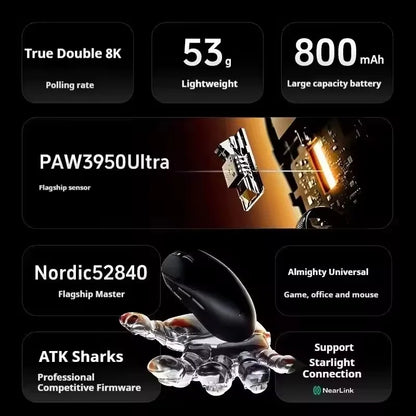 ATK A9 belaidė žaidimų pelė su NearLink technologija, ergonomiška PAW3395, trijų režimų Bluetooth, mažos delsos e. sporto pelė PC