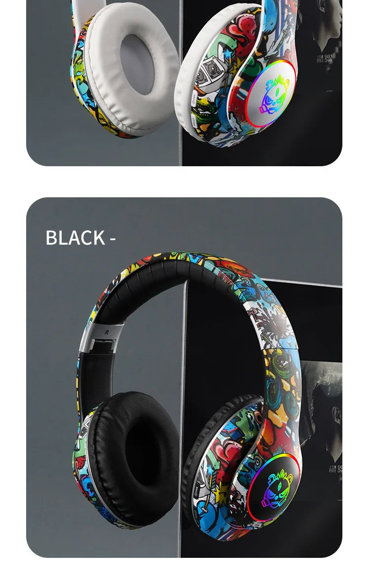 Auscultadores Gaming Bluetooth Sem Fios New Graffiti LX-8686 com Microfone, Iluminação LED, Suporte para Cartão TF, Graves Profundos e Design Over-Ear para PC, Gaming e Crianças