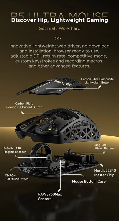 ATTACK SHARK R5 Ultra Carbon Fiber trådløs gamingmus, PixArt PAW3950MAX gamingsensor, 42000DPI, 8000Hz, MCU Nordic 52840