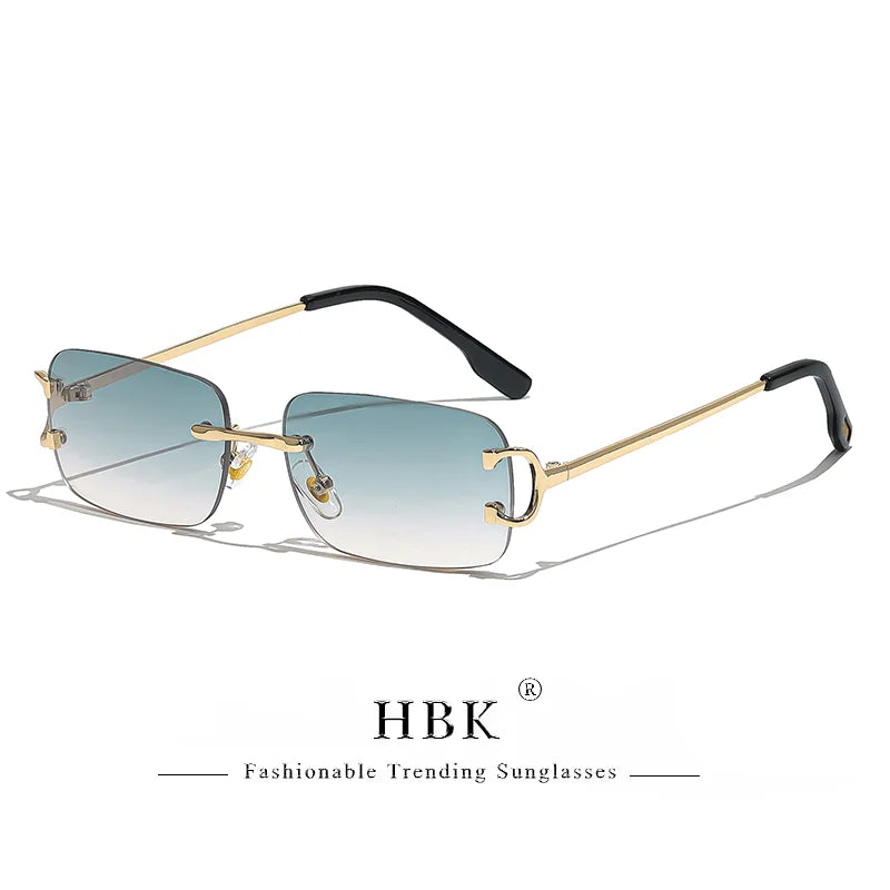 HBK Retro Rimless Sunglasses For Women Men Small Square Gold Frame Brand Design Tea Shades Rectangle UV400 Zonnebril Eyewear