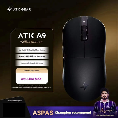ATK A9 belaidė žaidimų pelė su NearLink technologija, ergonomiška PAW3395, trijų režimų Bluetooth, mažos delsos e. sporto pelė PC