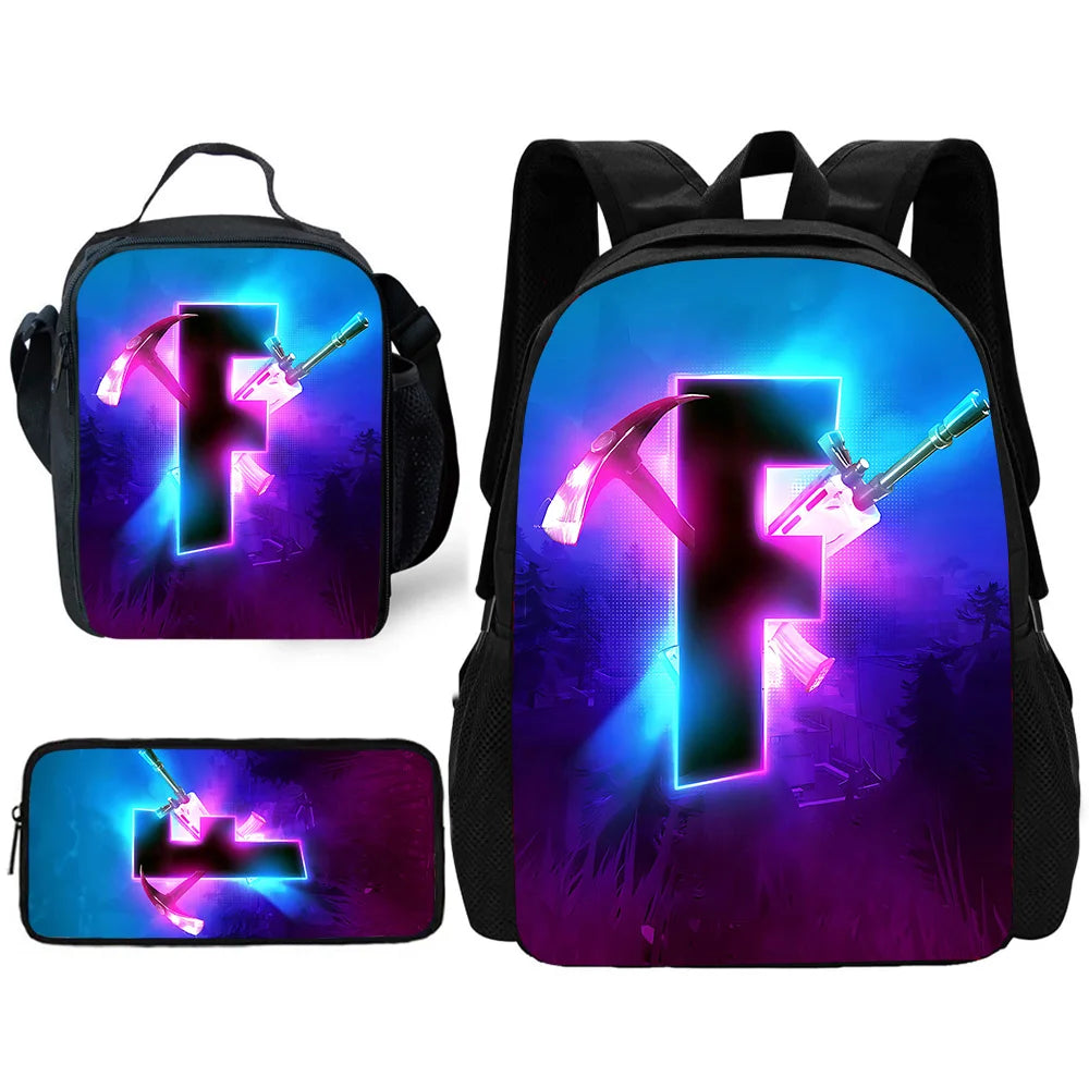 Child School Backpack with Lunch Bags ,Pencil Bags ,Hot Game Design-F-FortniteS School Bags for Boys Girls Best Gift