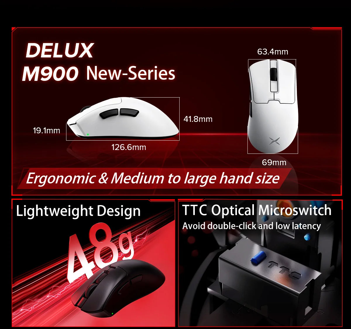 Delux M900PRO ultralet version trådløs gamingmus ergonomisk 1K/8K polling rate 50g PAW3395 til højre stor hånd PC-gamer