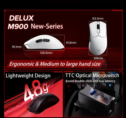 Delux M900PRO ultralet version trådløs gamingmus ergonomisk 1K/8K polling rate 50g PAW3395 til højre stor hånd PC-gamer