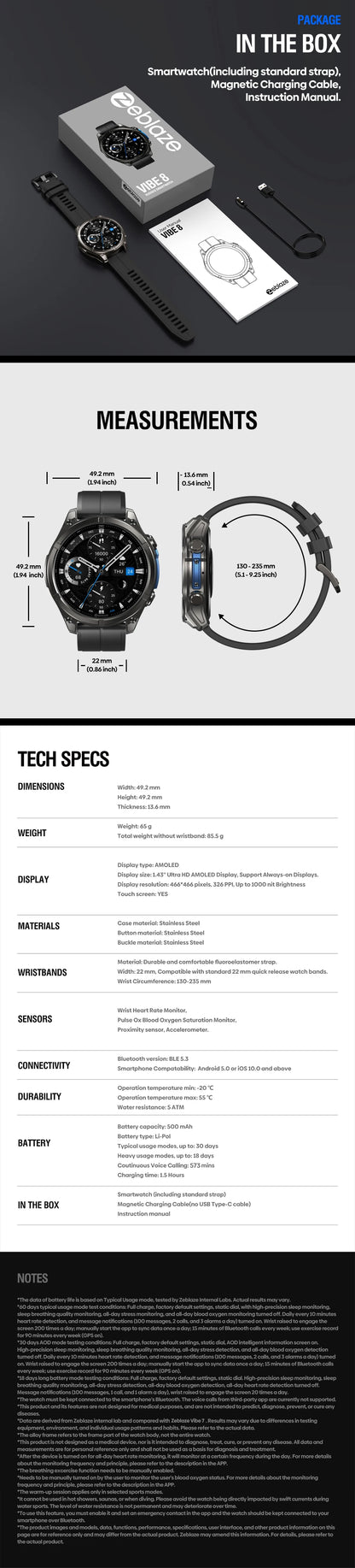 New Zeblaze VIBE 8 AMOLED Display Built-in Flashlight Smartwatch Sapphire Lens Make/Receive Calls HR/BP Monitoring Smart Watch