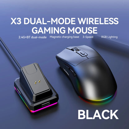 Dual-Mode Wireless Mouse | Magnetic Charging Dock | RGB Backlit | 3-Speed DPI (800-1200-1600) | 2.4G/BT | Suitable for daily use