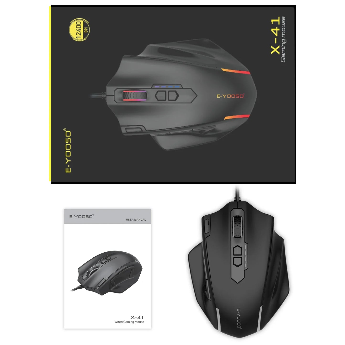 Mouse gaming cablato USB E-YOOSO X-41 Pro con retroilluminazione RGB, 12400 DPI, 11 pulsanti programmabili, mouse ergonomico per lavoro, computer, PC e laptop