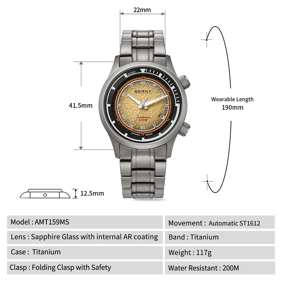 BERNY Titanium Diver Watches for Men 20ATM Super Luminous Automatic Mechanical Men's Dive Watch Sapphire Swim Diving Wristwatch