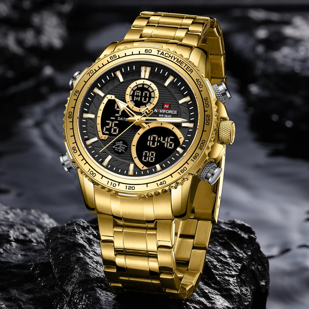 NAVIFORCE Herren-Sportuhr – Originelle Luxus-Armbanduhr aus Edelstahl, wasserdichtes Militärmodell mit doppelter Anzeige