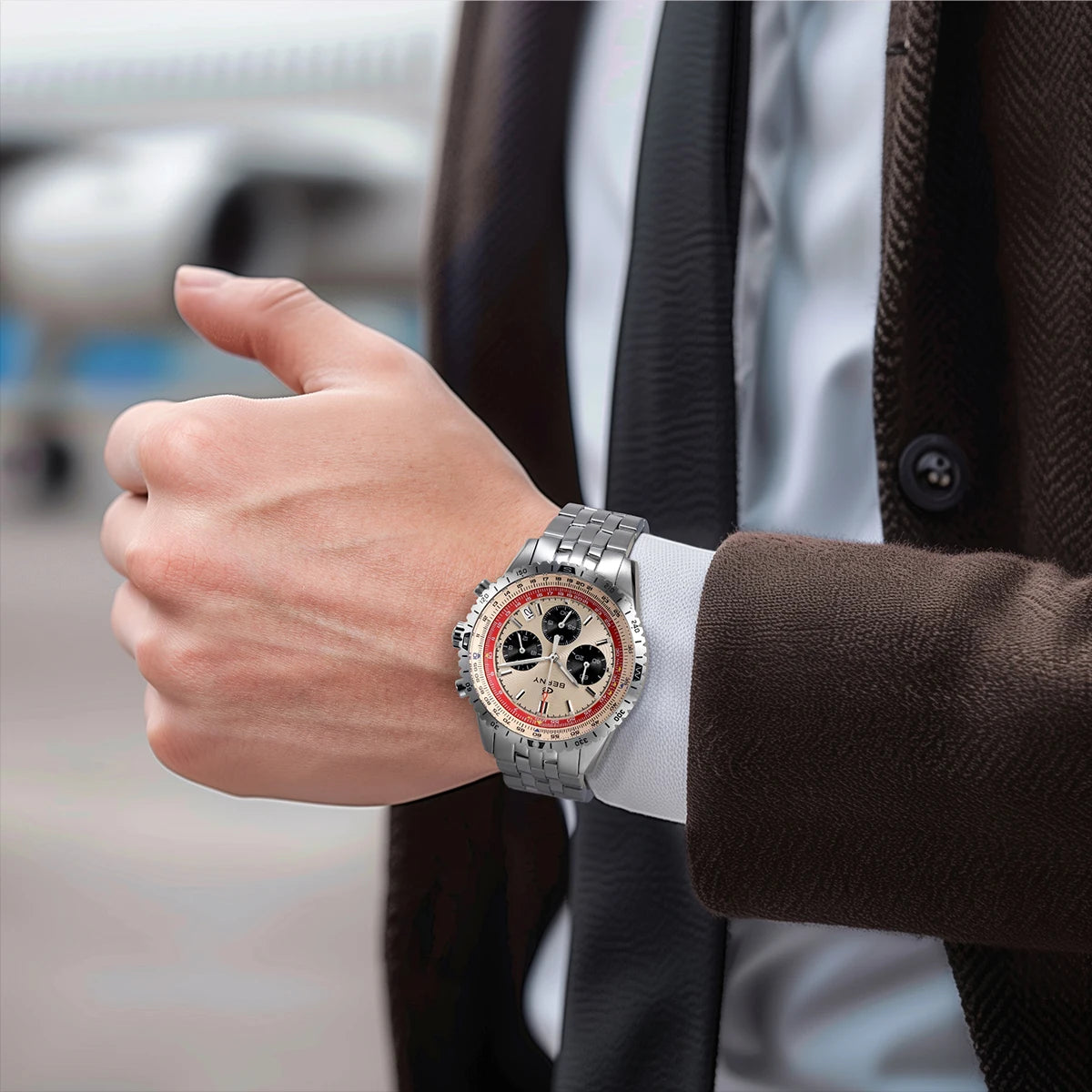 Ceas cronograf pentru bărbați BERNY – Ceas multifuncțional cu cuarț în stil aviatic, dotat cu afișaj al datei, sticlă de safir și luminescență excelentă – Ceas de mână de lux pentru bărbați