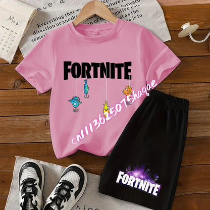 Summer FortnitesT-shirt Shorts for Boys Girl Tee Pants Set 2pcs Children Clothing Tops T-shirts Fortress Night Print Tees Gift