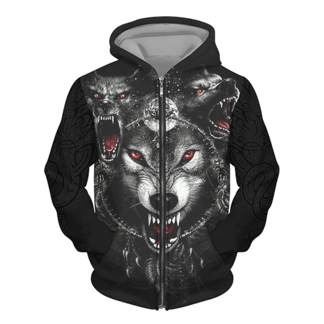 3D Wolf Print Men's Zipper Hoodies Fashion Animal Pattern Top Coat Street Punk Style Oversized Sweatshirts Outdoor Leisure Jackets