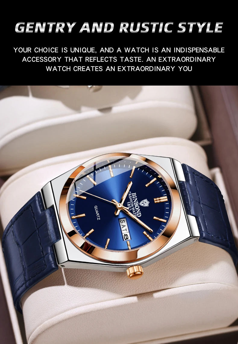 BINBOND Luxury leather strap quartz wristwatches precise luminous waterproof auto date week display durable men's watch reloj