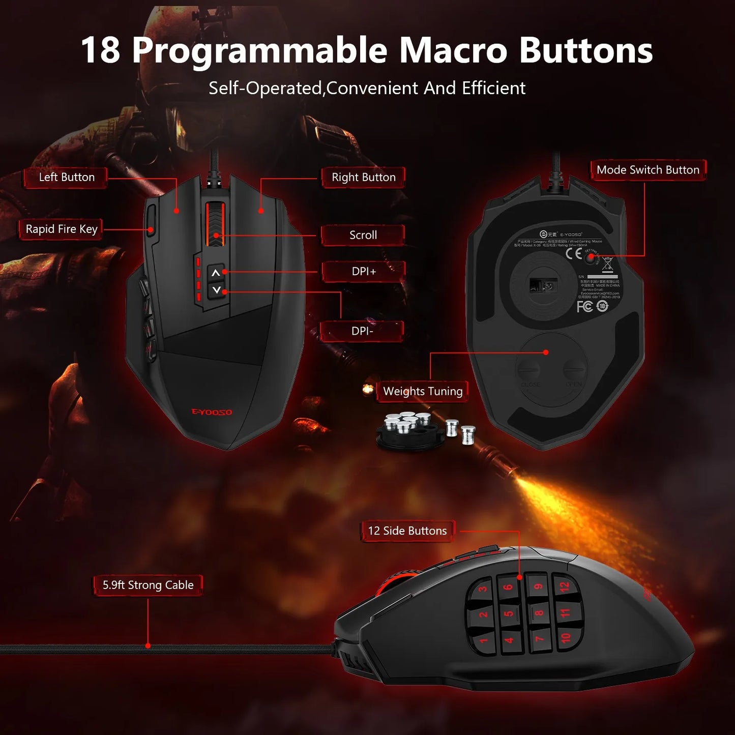 E-YOOSO X-39 програмируема геймърска мишка, кабелна RGB мишка с 18 бутона, 8 сменяеми тежести, 5 DPI нива, ергономичен захват за компютър