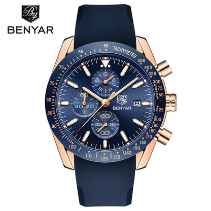 Montres de luxe pour hommes BENYAR – Montres-bracelets à quartz avec bracelet en cuir, étanches jusqu'à 30 m, style sportif.