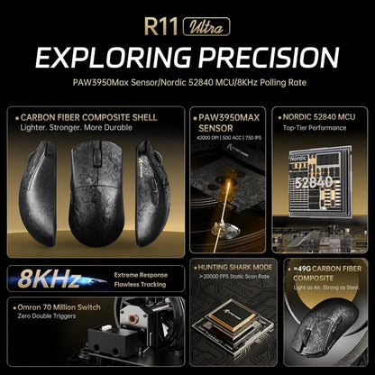 ATTACK SHARK R11 ULTRA 49g Carbon Fiber 8000Hz Ασύρματο Gaming Ποντίκι, 42000 DPI, 20000 FPS, PAW3950MAX, Nordic 52840 Chip