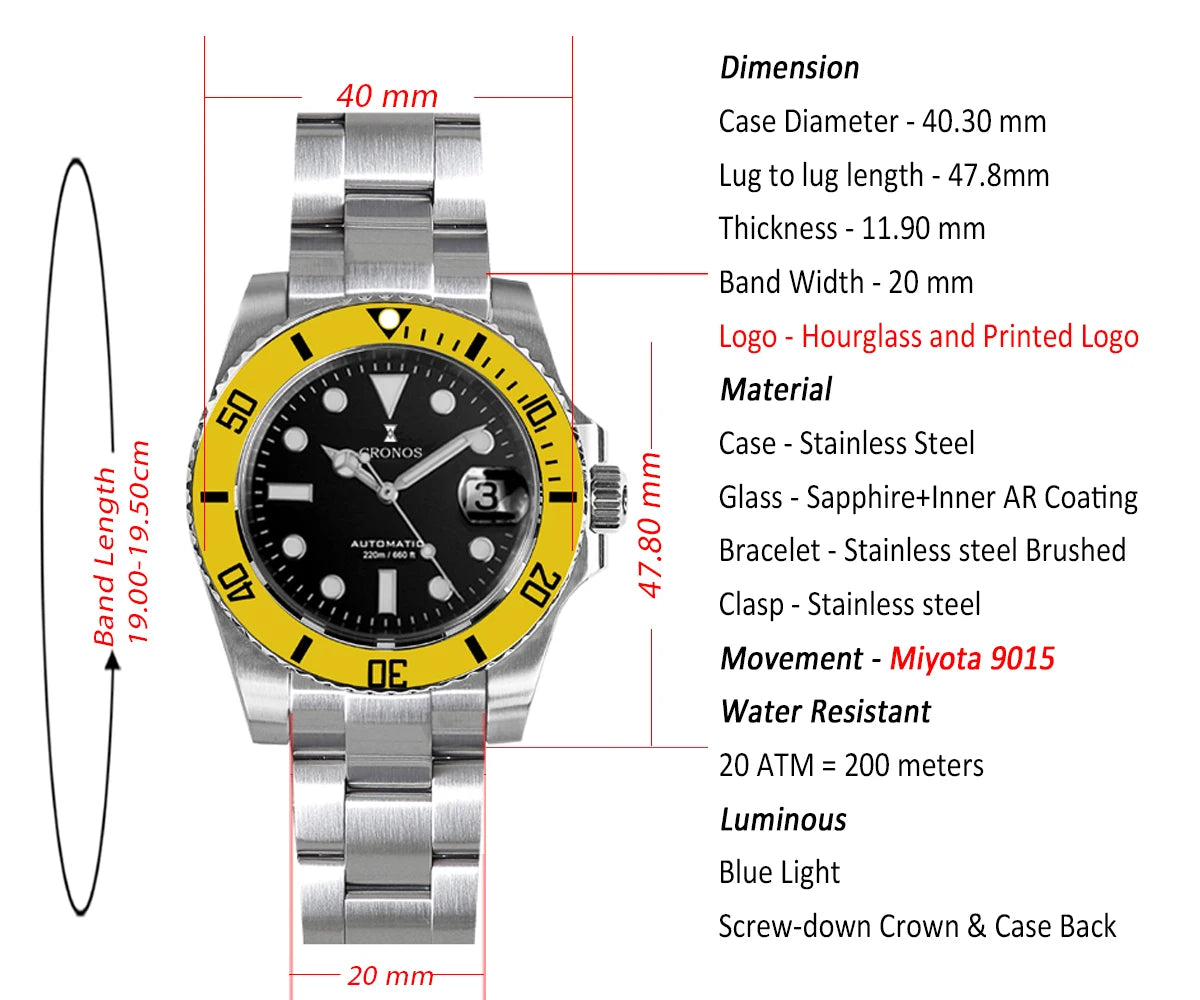 Cronos New 40mm Diver Men's Watches Luxury Miyota9015 Automatic Mechanical Watch Sapphire Crystal Waterproof 200m Adjustable Clasp L6045