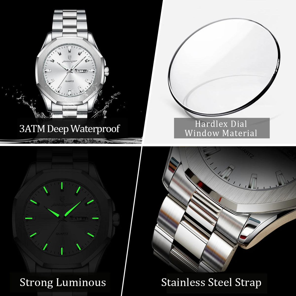 POEDAGAR Luxury Men Wristwatch Waterproof Luminous Week Date Casual Man Clock Stainless Steel Quartz Fashion Men's Watches Reloj