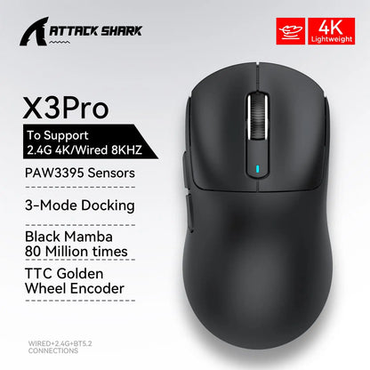 ATTACK SHARK X3 Wireless Gaming Mouse, Tri-Mode Bluetooth Gaming Mouse with PAW3395 Sensor, 26,000 DPI, 4K Polling Rate, RGB Gaming Mouse