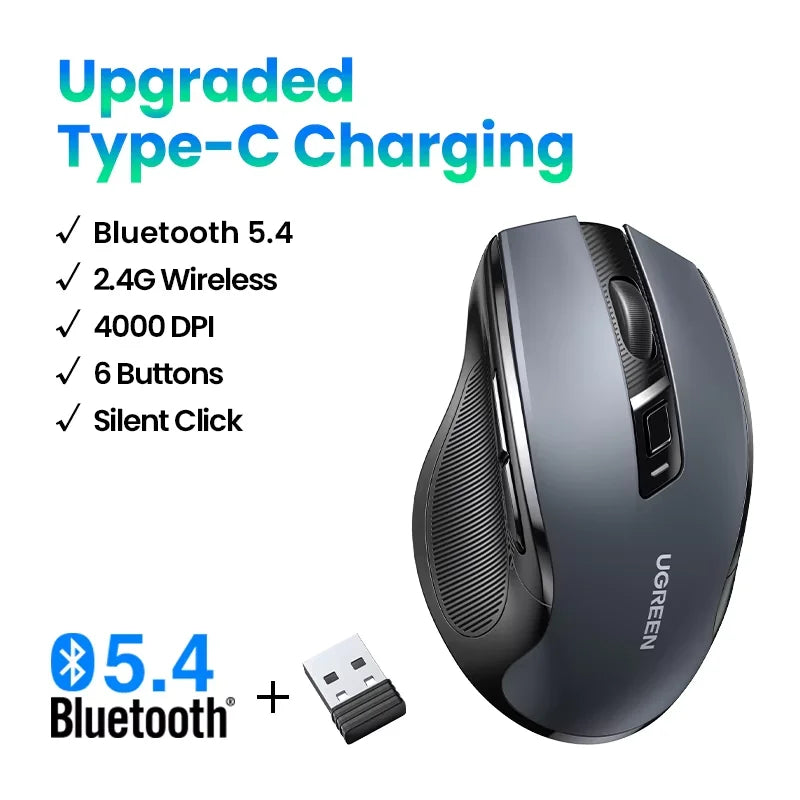 Mouse wireless UGREEN Bluetooth 5.0 ergonomico 4000DPI con 6 pulsanti silenziosi per MacBook, tablet, laptop, computer e PC, mouse 2.4G