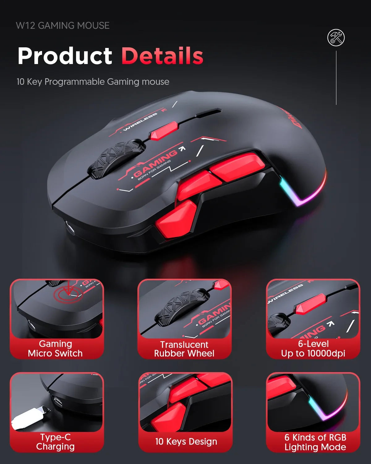 MKESPN W12 10-Tasten-Makro-Gaming-Maus, beidhändig, kabellos, Bluetooth, Mehrkanal, Tri-Mode, großes RGB, ergonomisch, beidhändig