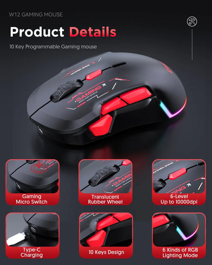 MKESPN W12 10-Tasten-Makro-Gaming-Maus, beidhändig, kabellos, Bluetooth, Mehrkanal, Tri-Mode, großes RGB, ergonomisch, beidhändig