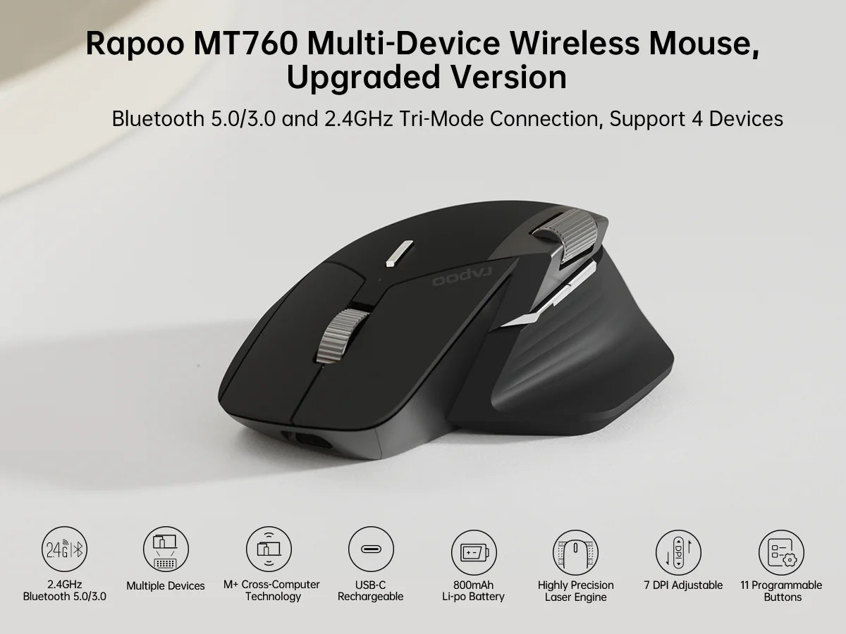 Rapoo MT760L/MT760M multimode genopladelig trådløs mus, ergonomisk, 4000 DPI, understøtter op til 4 enheder, Bluetooth-mus